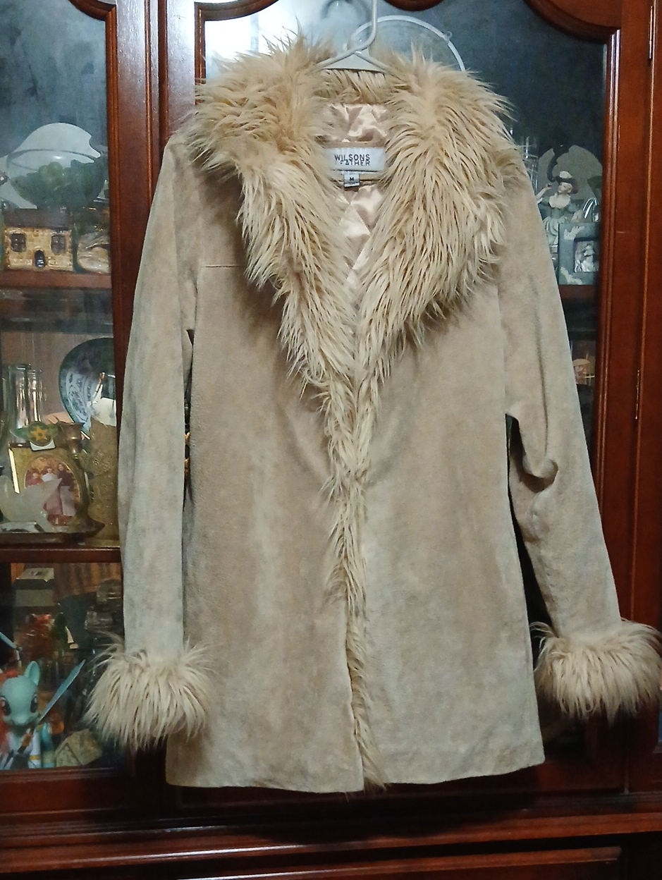 Wilsons Suede Trench Coat W Plush Neckline,Sz.M